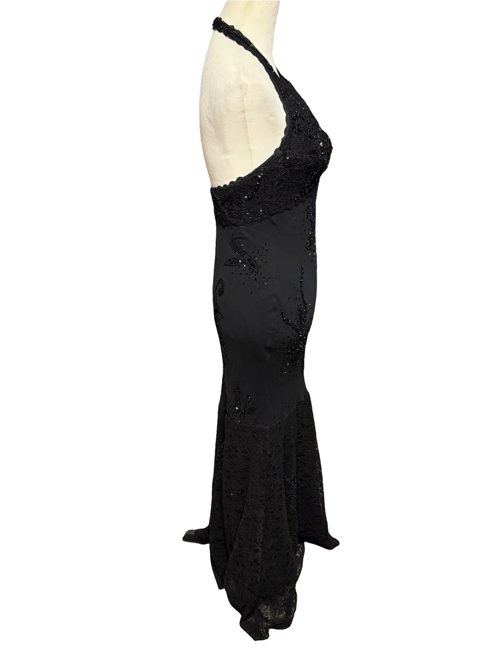 Vintage Y2K Cache Black Pure Silk Beaded Halter Mermaid Maxi Gown Dress Sz 8 - Picture 4 of 16
